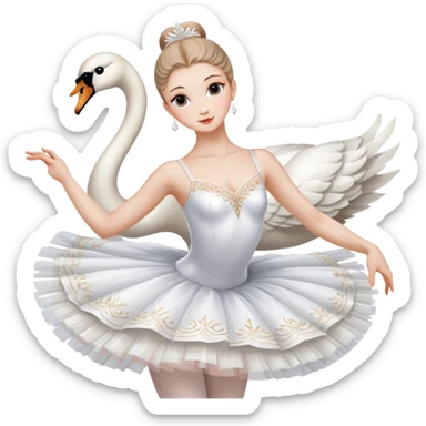 Icon for Ballet: a scene from Swan Lake, with a ballerina in a white tutu performing an elegant pose, surrounded by dramatic stage lighting and swan motifs. The icon should evoke the grandeur of the Bolshoi Theater stage. Transparent background. sticker