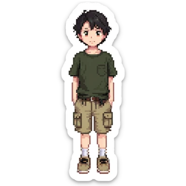 boy wearing an olive-green shirt over a brown T-shirt with beige cargo shorts sticker