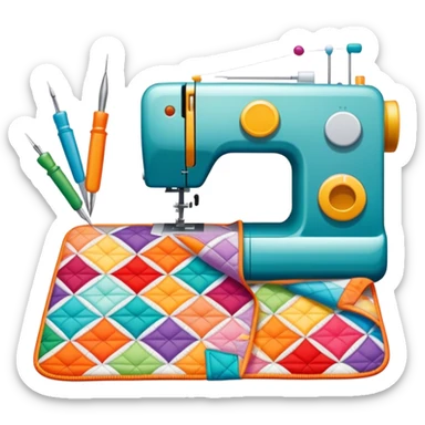Patchwork and quilting icon, colorful fabric patches sewn together in a quilt pattern, sewing needle and thread, quilting tools like rotary cutter and quilting hoop, minimalistic style, clean lines, transparent background. sticker