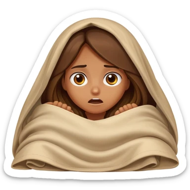 a tanned girl with brown long hair hid under the blanket in bed in fear sticker
