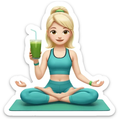 Девушка-мемоджи радостно сидит на коврике для йоги, в спортивной позе, в ярком стильном спортивном комплекте. Лицо сияющее, улыбка очень довольная и счастливая, в руках яркий стакан освежающего матча-лимонада, вокруг атмосфера свежести, отдыха и комфорта. Белый фон. 2 руки и 2 ноги sticker