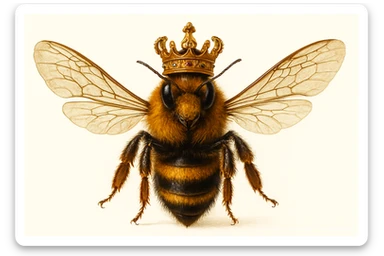 realistic illustration of a king bee, close-up, intricate wings, wearing a crown, natural lighting, white background sticker
