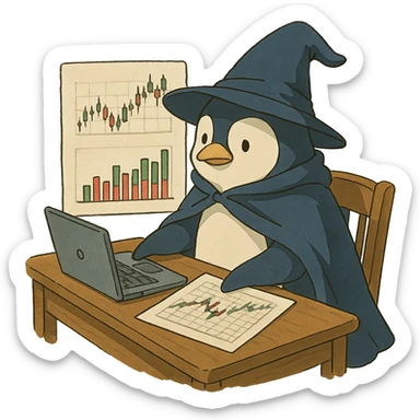 penguin with wizard hat and cape, sitting at a desk with financial charts and a laptop, ghibli-inspired style sticker