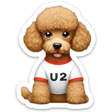Light brown poodle seated and wearing a t-shirt with the text U2 sticker