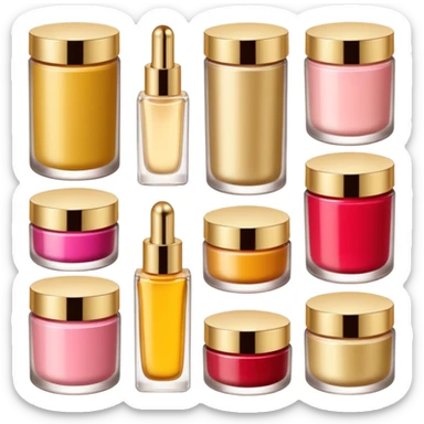 PVarios rodutos de beleza com tampa dos potes dourados e fundo transparente pra usar como figurinha sticker