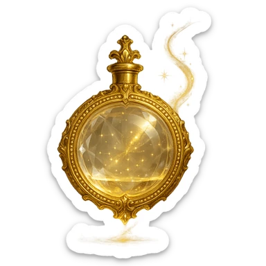 luxurious crystal elixir bottle in coin shape, golden with lots of shine, edges, ornaments, magical effects, very small golden neck, transparent background, beautiful merging bottom, clearly floating in air, no base or shadow, premium class impression, design matching a collection of crystal, luxurious, magical bottles sticker