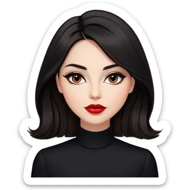 Respected actress with fair glowing skin, voluminous dark straight hair with slight waves at ends, almond eyes with refined eyeliner, defined features, red lips, black elegant outfit, poised professional expression sticker