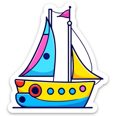A cartoon toy sailboat with a beaming happy face, colorful sails and tiny portholes sticker