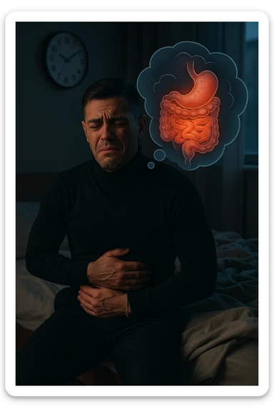 a tired-looking man sits on the edge of his bed at dawn, holding his stomach with a pained expression. Dark circles under his eyes and a messy bed indicate poor sleep. In the background, a clock shows early morning hours, and a thought bubble or overlay highlights digestive organs, emphasizing intestinal discomfort linked to sleep deprivation. sticker