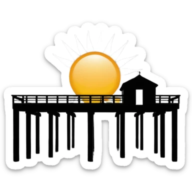 A black and white image of a pier in the ocean as a silhouette with the sun in the background sticker