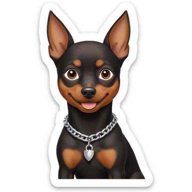 a pinscher dog black and brown sitting and smiling with a silver chain in the neck sticker