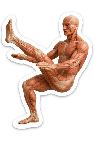 CORPO UMANO ANATOMICO REALISTICO CHE FA UN ESERCIZIO DI MOBILITà ARTICOLARE ALLE GAMBE, IPERREALISTICO 4K sticker