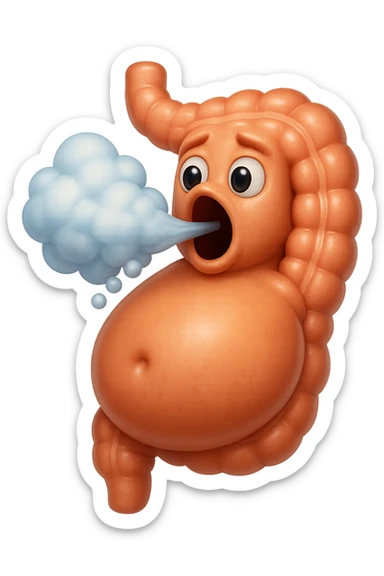 emoji stile iphone di un intestino che ingoia una nuvoletta di aria ben visibile e gli si gonfia la pancia, non fargli il naso, iperrealistico 4k sticker