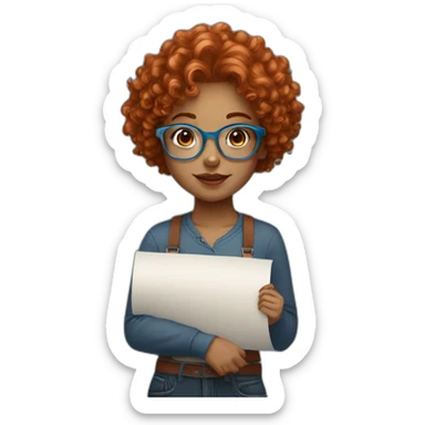 pretty girl with curly copper hair and blue glasses holding a big banner sticker