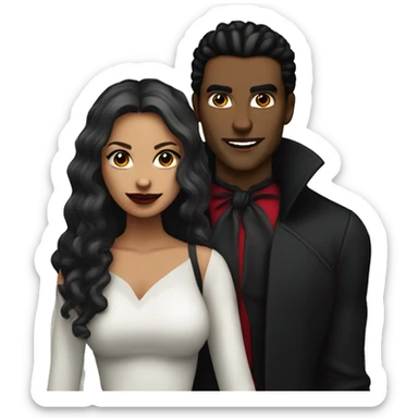 a male vampire next to his lightskin girlfriend in front of a christmas tree sticker