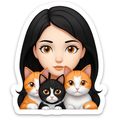 teenage girl with black hair with brown highlights with two cats that are tri-colored (black, orange, and white) sticker