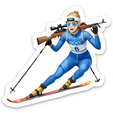 An icon showing a biathlete skiing on a snow-covered Olympic track with a rifle on their back. Cheering fans fill the stands. Majestic mountains, snowy trees, and a bright blue sky complete the scenic winter landscape. Transparent background captures the spirit of biathlon. sticker