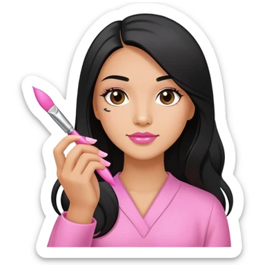 Pink Nail Tech with black long hair holding small acrylic brush sticker