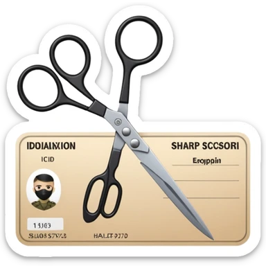 Floating black Scissors cutting in half an idf soldier ID card in 2 parts .hyper realistic sticker