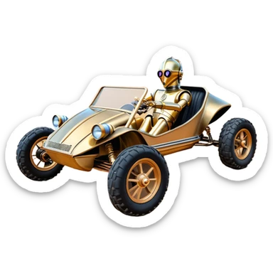 American southWest tarnished neon underglow C-3PO bounty hunter 1964 delicately ornate rosegold wood accents painted dune buggy buckboard powered by electric motors and batteries with racing safety belts while flying rapidly roughening terrain stable on strong agile advanced suspension and steering sticker