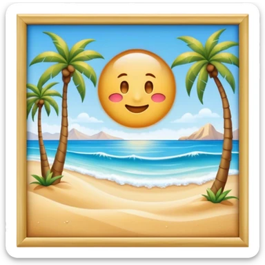 Cinematic Realistic Beach Emoji in a wooden frame, Sunny and bright, with soft golden sand stretching as far as the eye can see, gently lapping waves crashing onto the shore, and a clear, blue sky above. Palm trees sway in the warm breeze, crystal clear water of the waves on the landscape. Soft glowing outline, capturing the essence of a relaxed, joyful beach day filled with sun, sand, and surf! sticker