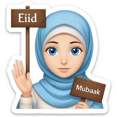 Turkish beautiful finish Konya girl blue eyes with cloudy hijab islamic dress and had on her hand text Eid Mubarak  sticker