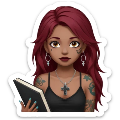 generate an ios genmoji of a dusky girl with long dark red messy hair with eyeliner on her eyes. septum piercing, wearing a cami black top, has tattoos, on shoulders. ear piercings. wearing a cross silver necklace. carrying a lot of sketchbooks


no tattoos on face sticker