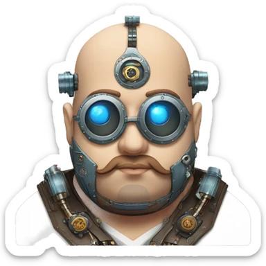 Fat bald cyborg head with blue steampunk goggles, brown beard and circuits sticker