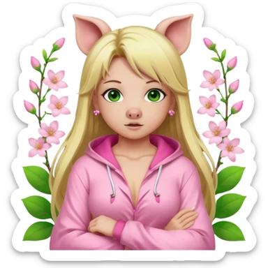 sexy and muscled, full body, in pink kegurumi pijamas, pig hood, sexy girl, long blond hair, beautiful green eyes, makeup, earrings, muscled, surrounded by pink flowers and sakura petals sticker