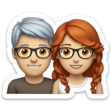 White male with glasses, brown hair and brown eyes holding hands with white female with red hair and blue eyes sticker
