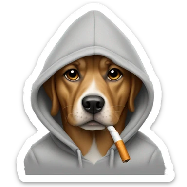 dog wearing a hoodie having a cigarette  sticker