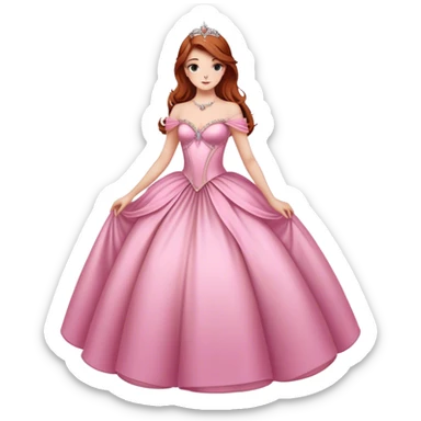 Cinematic Majestic Sleeping Beauty Portrait Emoji, rendered in a clean, vector-style with bold, simplified shapes. Show Aurora with a serene, noble expression, luminous porcelain skin, and elegantly flowing auburn hair, dressed in an opulent pink ball gown. The design radiates a majestic, enchanted glow with high shine and a soft glowing outline, embodying classic royal elegance. sticker