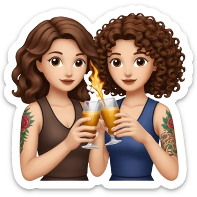 vial cheers — long wavy brown hair tattooed woman and short tight curly brown hair woman — clink potions sticker