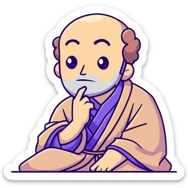 thoughtful philosopher with hand on chin, sitting in contemplative pose, scholarly appearance with robe, beige and brown color palette sticker