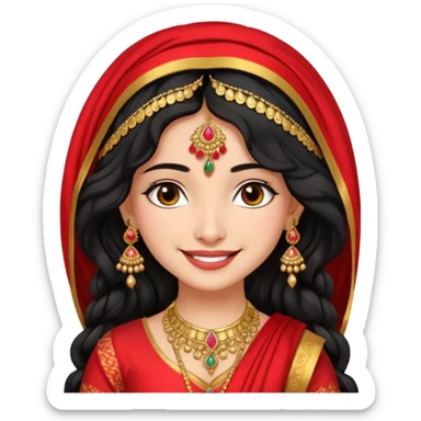 a pretty bratz fair indian girl wearing a red indian wedding outfit with dupatta on head,  golden jewellery, black wavy hair sticker