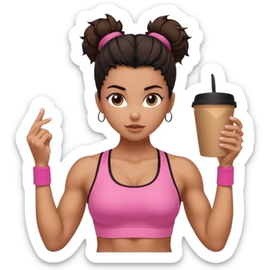 Caramel skinned toned female with a black messy bun for hair. Her eyes are a coffee color brown and almond shaped. She’s wearing a pink sports bra and showing off her flexed muscular toned biceps. sticker