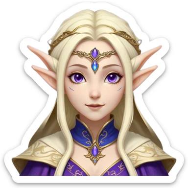 Cinematic Realistic WoW Elf Mage Portrait, head tilted dramatically with an exaggeratedly amused expression, blending timeless arcane wisdom with a touch of unexpected playfulness. Her luminous, porcelain-like skin and delicate features, complemented by an intricately detailed robe in deep blues and purples with golden filigree, are rendered with lifelike texture and dynamic magical lighting, high shine, dramatic yet whimsical, capturing the essence of an elven mage whose epic mastery is tinged with charming irreverence. sticker