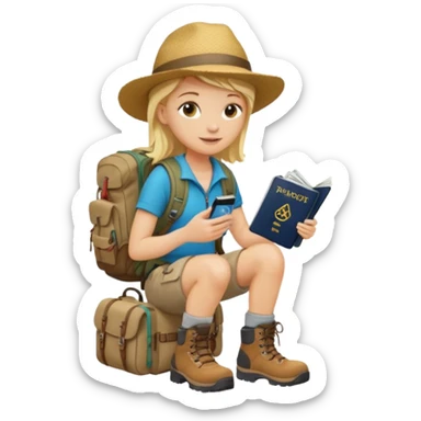 blonder haired Traveler character with passport, backpacker,  sticker