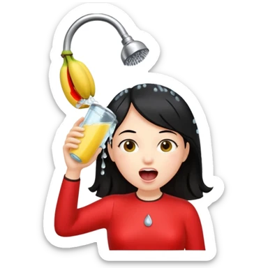 a girl with black hair and red dress with opened mouth drinking pale yellow water coming out from a shower looking like a banana above her head sticker