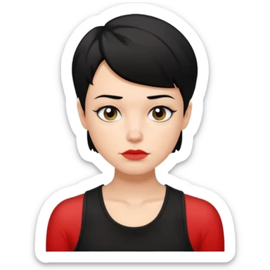 a white woman with short tomboy black hair with mole on top of her lip wearing men's black tank top sticker