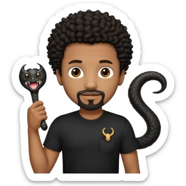 Homme noir de peau,  yeux marron avec un bouc pas de  moustache, cheveux noir court et bouclé crépus avec un dégradé sur le côté, avec un cobra à côté , t-shirt noir  sticker