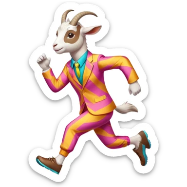 friendly anthropomorphised goat jogging upright in a colourful suit, standard pose sticker
