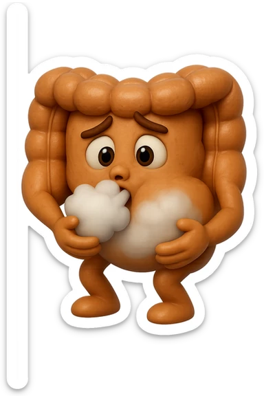 emoji stile iphone di un intestino che ingoia una nuvoletta di aria ben visibile e gli si gonfia la pancia, iperrealistico 4k sticker