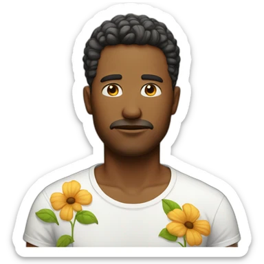 an exhausted fourty year old man with a flower tshirt sticker