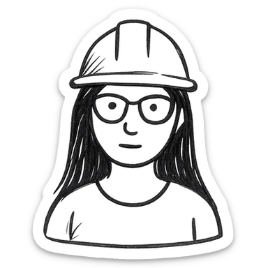 A woman with long, straight black hair, wearing glasses and a white architect's helmet sticker