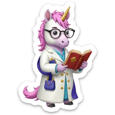 Unicorns read book
A full body of scholar unicorn wearing round glasses, reading a thick ancient tome. sticker