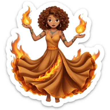 Sexy brown eyes, brown curly hair, white ethnicity with tattoo, mystic vibe, dancing in the fire in the night  sticker