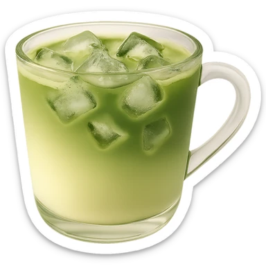 Add ice cubes to the matcha latte in the transparent cup, maintain the charming green-to-milk gradient and dreamy feel, no background. Keep the dreamy and charming look with a smooth gradient and transparent cup. sticker