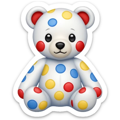 White teddy bear covered with blue, red and yellow spots sticker