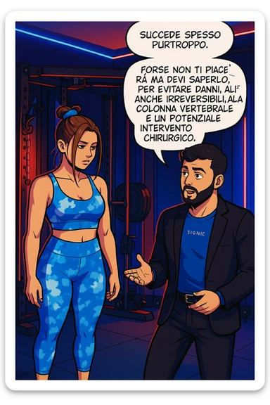fai questa immagine in versione fumetto/manga/webtoon a colori, il manga mostra l'uomo che risponde alla donne:
Succede spesso purtroppo. 
Forse non ti piacerà ma devi saperlo, per evitare danni, anche irreversibili, alla colonna vertebrale e un potenziale intervento chirurgico. sticker